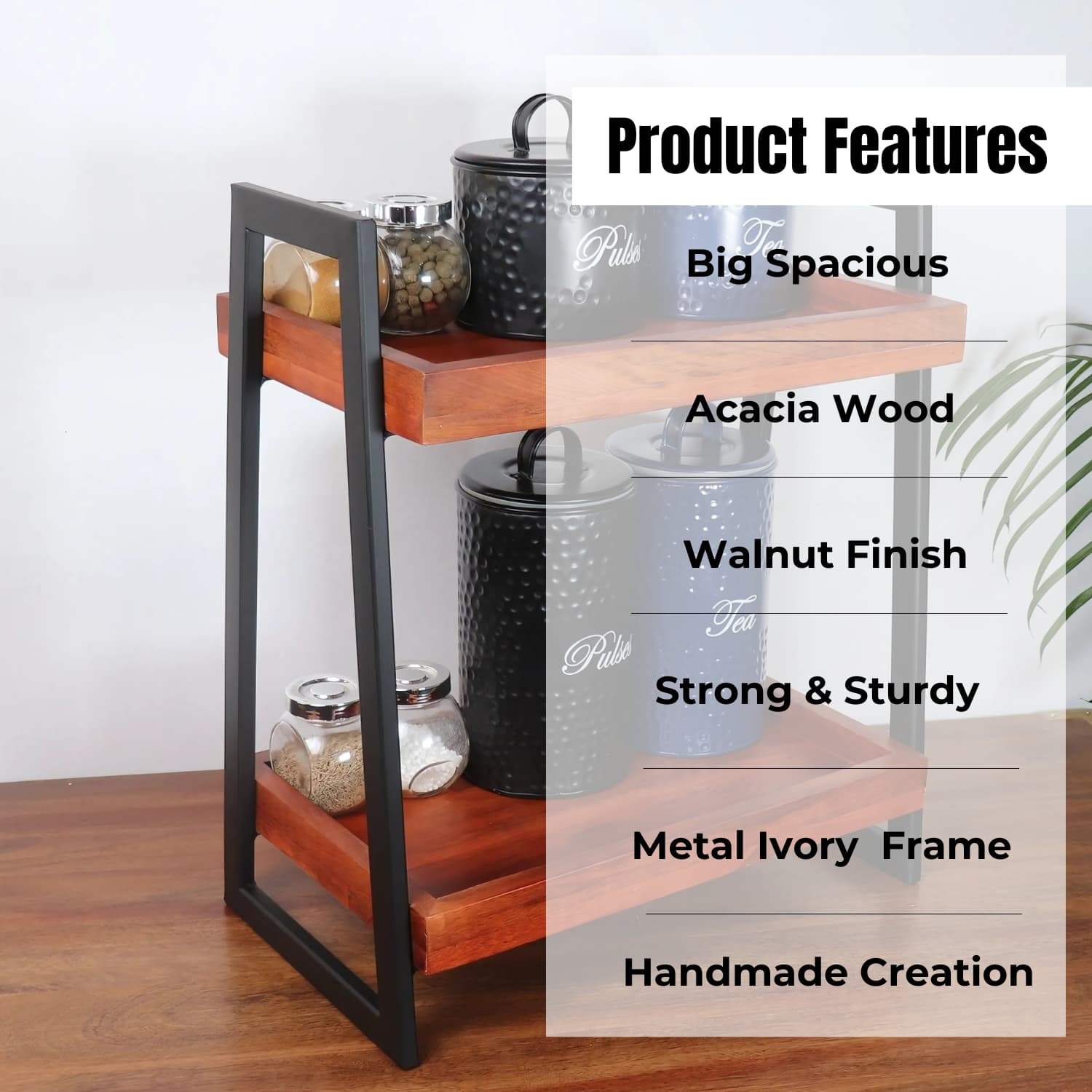 Loosebucket Linea Premium Wooden Kitchen Organizer featuring two-tier acacia wood shelves with walnut finish, supported by black powder-coated metal frame. Product features list displayed showing spacious design, sturdy construction, and handmade craftsmanship with decorative spice jars on shelves.