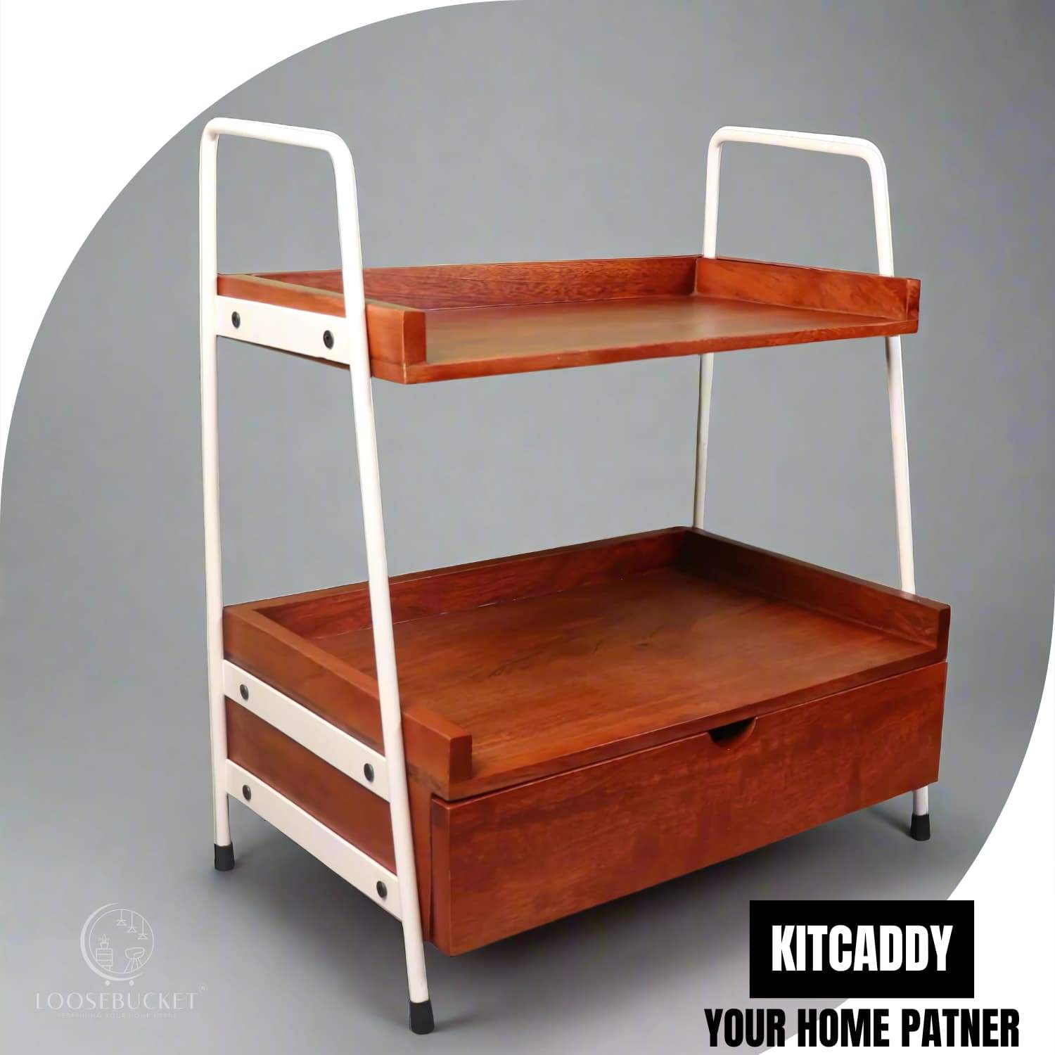 Loosebucket Kitcaddy Premium Wooden Kitchen Organizer featuring two-tier walnut-finished acacia wood shelves with ivory metal frame