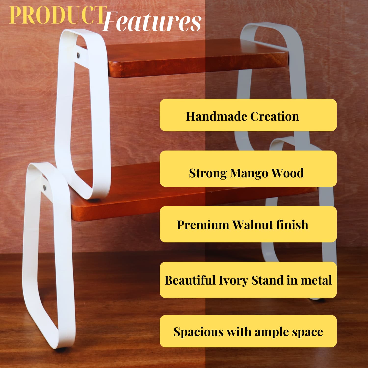 A two-tier wooden shelf with white metal supports. The shelf has a premium walnut finish and is described with features like "Handmade Creation," "Strong Mango Wood," "Beautiful Ivory Stand in Metal," and "Spacious with Ample Space" on a wooden background. Buy LOOSEBUCKET's The Stackable Wooden Kitchen Organizer Set of 2, India's best wooden kitchen organizer online today.