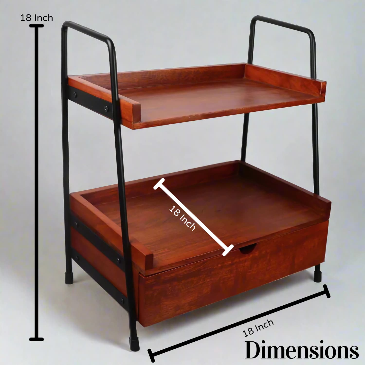 Loosebucket's Xylostow wooden kitchen organizer displaying dimensions of the product.