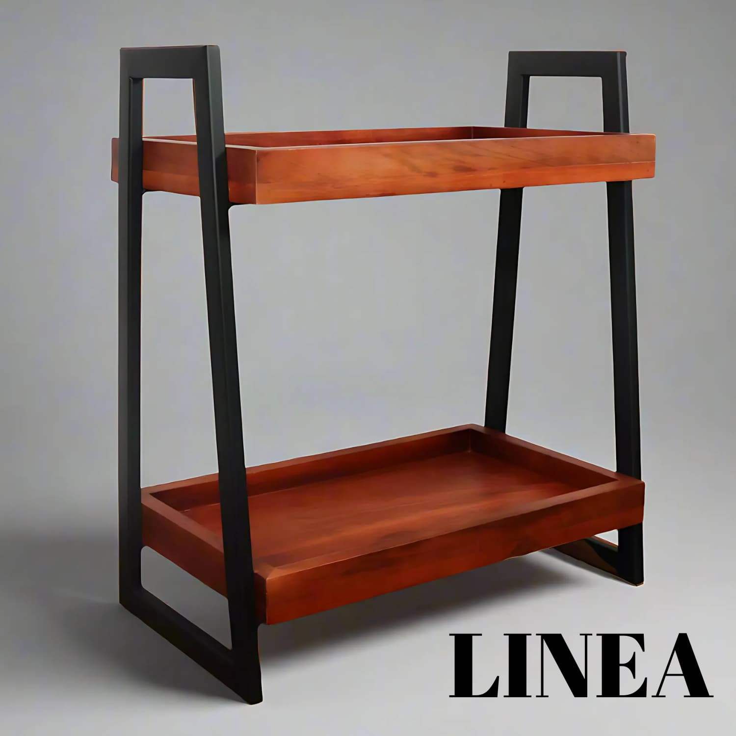 Loosebucket Linea Premium Wooden Kitchen Organizer featuring two-tier walnut-finished acacia wood trays supported by black powder-coated metal frame, designed for kitchen storage and organization. Modern industrial design with raised edges and sleek A-frame structure.