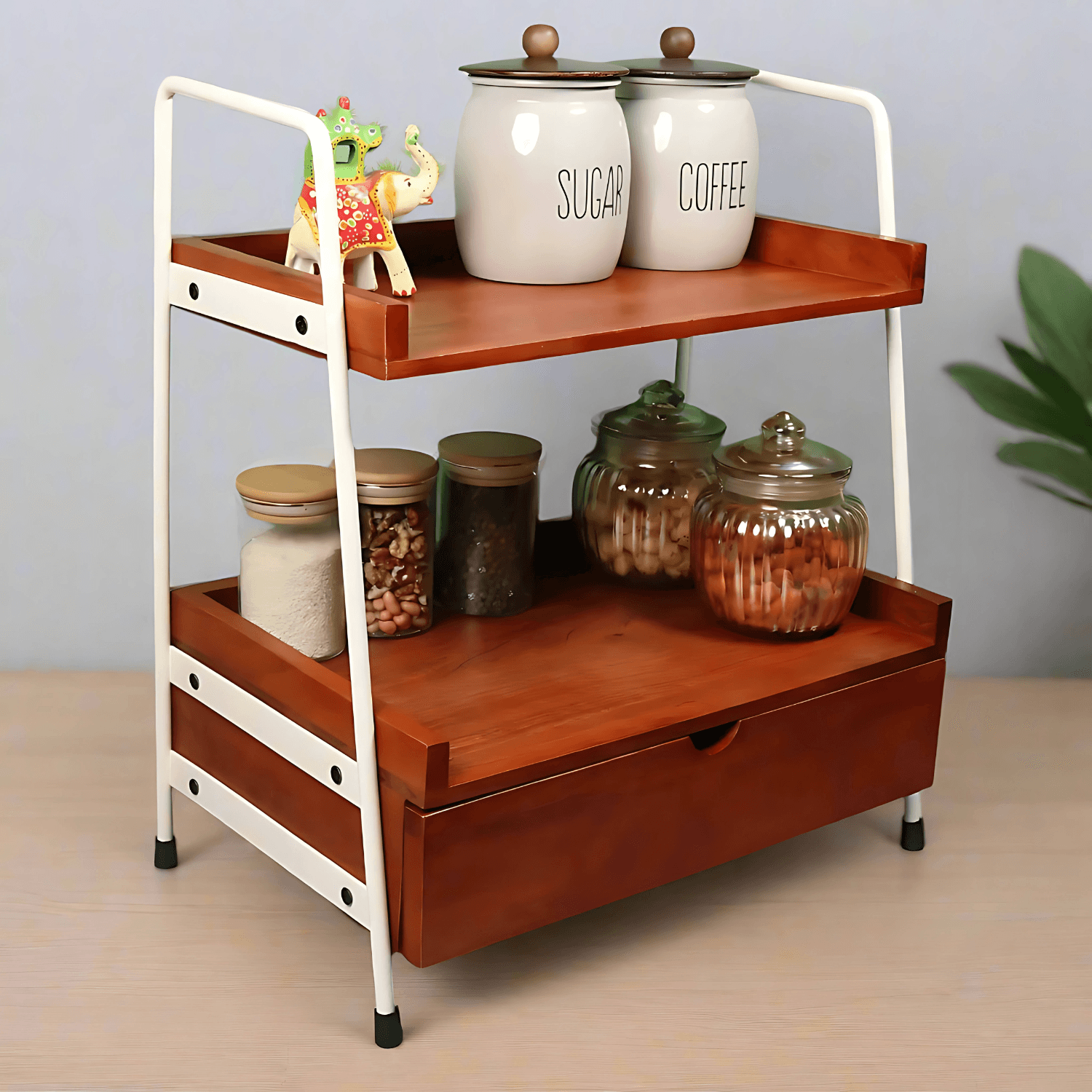 Loosebucket Kitcaddy Premium Wooden Kitchen Organizer featuring two-tier walnut-finished acacia wood shelves with ivory metal frame, displaying storage jar of Coffee and tea and canisters . Modern industrial design with rustic appeal.