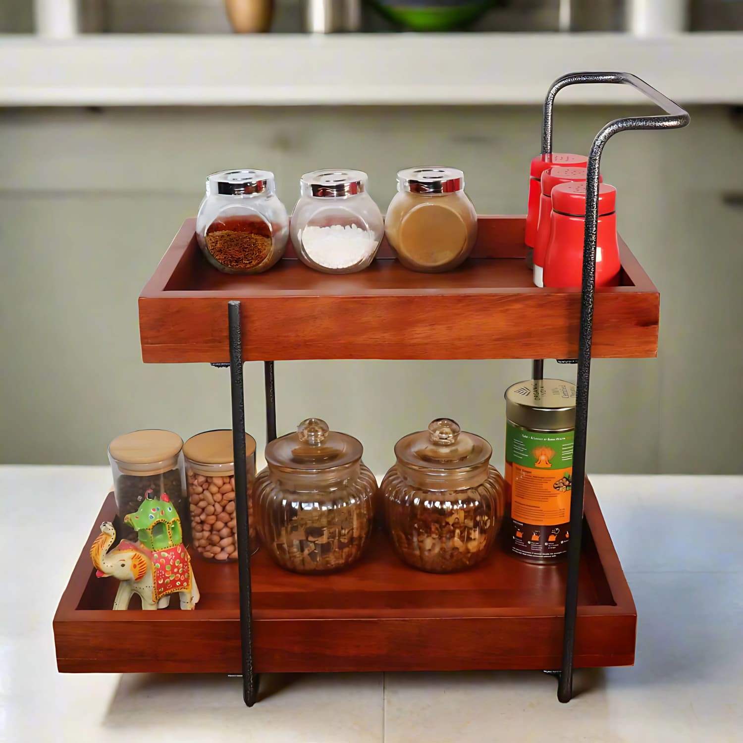 Loosebucket Woodpecker Wooden kitchen organizer displaying two trays and and antique silver coated stand , Displaying with spice jar and showpiece 